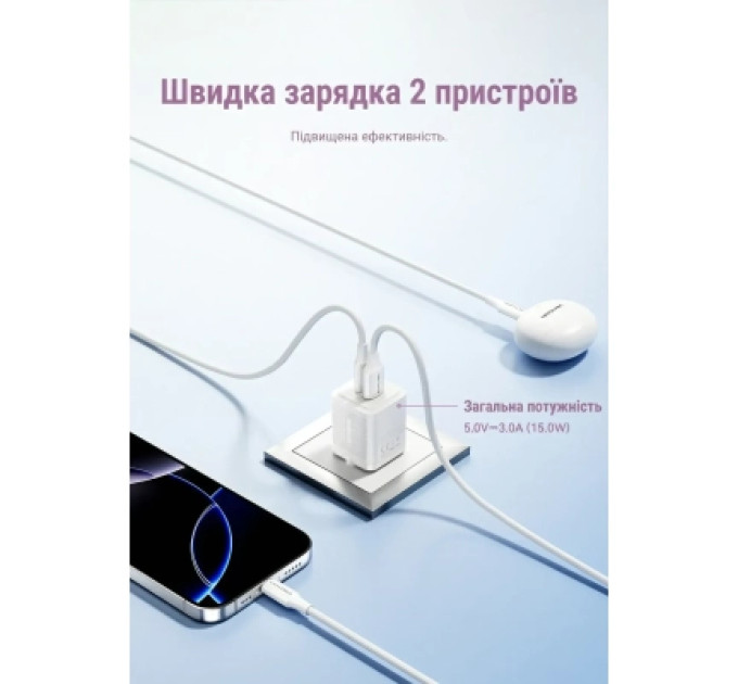 Vention Зарядний пристрій VENTION 2-Port USB (C + A) GaN Charger (30W/30W) EU-Plug White (FEQW0-EU)