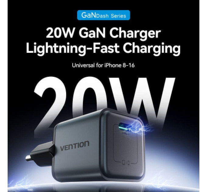 Vention Зарядний пристрій VENTION 1-Port USB-C GaN Charger (20W) EU-Plug Gray (FEVH0-EU)