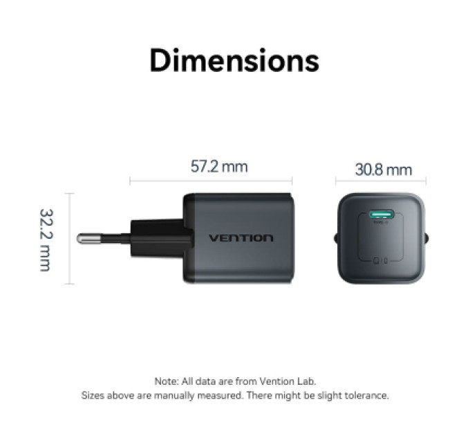 Vention Зарядний пристрій VENTION 1-Port USB-C GaN Charger (20W) EU-Plug Gray (FEVH0-EU)