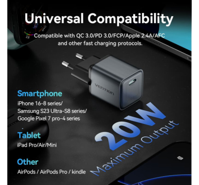 Vention Зарядний пристрій VENTION 1-Port USB-C GaN Charger (20W) EU-Plug Gray (FEVH0-EU)