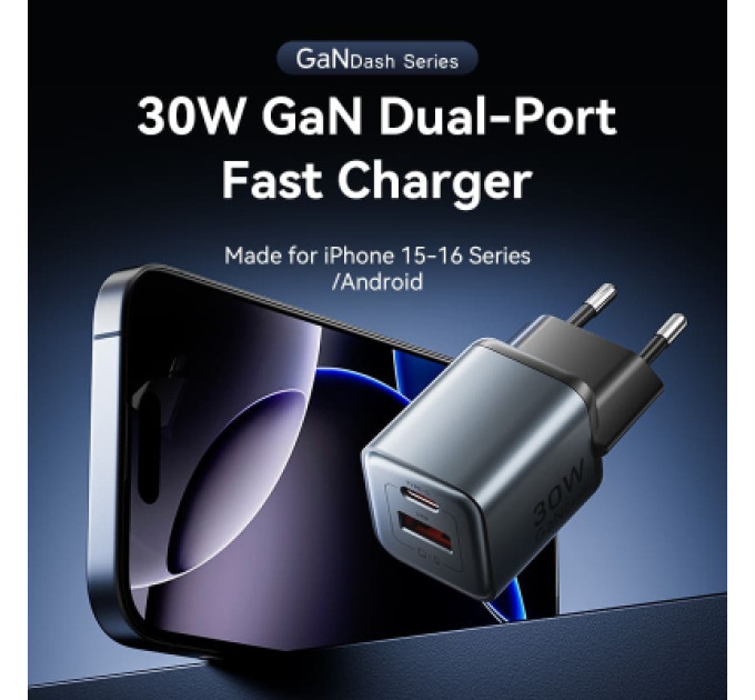 Vention Зарядний пристрій VENTION 2-Port USB (C + A) GaN Charger (30W/18W) EU-Plug Gray (FEWH0-EU)