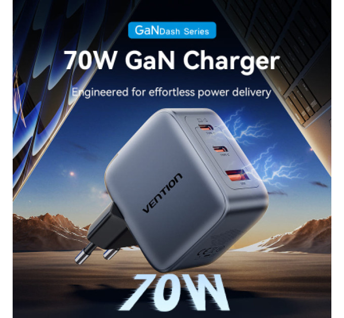 Vention Зарядний пристрій VENTION 3-Port USB (C+C+A) GaN Charger (70W/70W/22.5W) EU-Plug Gray (FEXH0-EU)