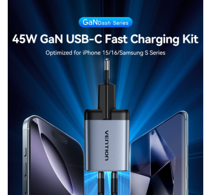 Vention Зарядний пристрій VENTION 2-Port USB (C + C) GaN Charger (45W/45W) Gray with USB-C to USB-C Cable (1M) Black EU-Plug (TZ-FCDH0-EU)