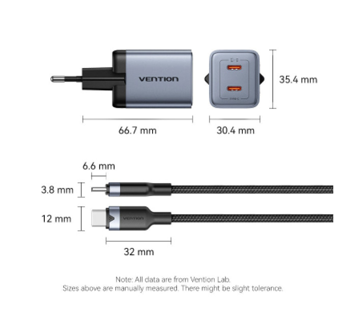 Vention Зарядний пристрій VENTION 2-Port USB (C + C) GaN Charger (45W/45W) Gray with USB-C to USB-C Cable (1M) Black EU-Plug (TZ-FCDH0-EU)
