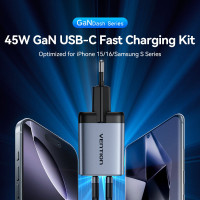 Зарядний пристрій VENTION 2-Port USB (C + C) GaN Charger (45W/45W) with 5A USB-C to USB-C Cable (1M) EU-Plug Gray (TZ-FCFH0-EU)