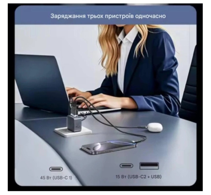 Vention Зарядний пристрій VENTION 2-Port USB (C + A) GaN Charger (70W/22.5W) with 5A USB-C to USB-C Cable (1M) EU-Plug Gray (TZ-FCGH0-EU)