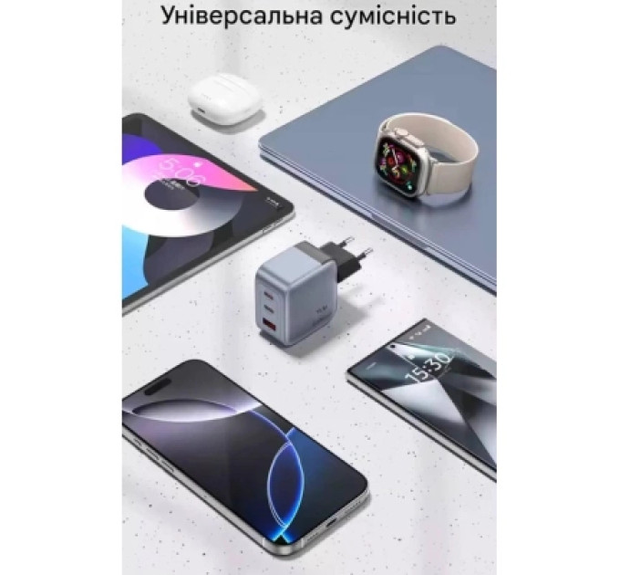 Vention Зарядний пристрій VENTION 2-Port USB (C + A) GaN Charger (70W/22.5W) with 5A USB-C to USB-C Cable (1M) EU-Plug Gray (TZ-FCGH0-EU)