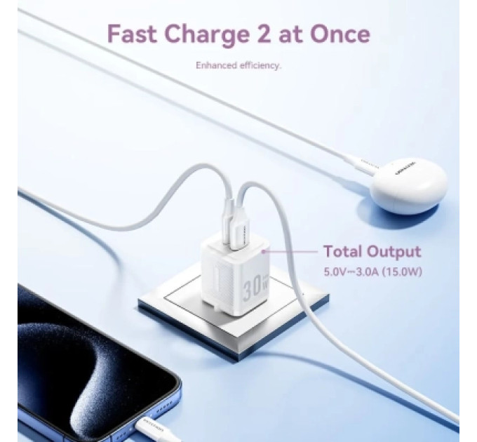 Vention Зарядний пристрій VENTION 2-Port USB (C + A) GaN Charger (30W/30W) with USB-C to USB-C Cable (1M) EU-Plug Black (TZ-FEQB0-EU-01)