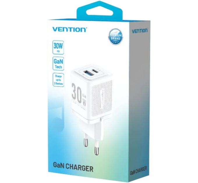 Vention Зарядний пристрій VENTION 2-Port USB (C + A) GaN Charger (30W/30W) with USB-C to USB-C Cable (1M) EU-Plug White (TZ-FEQW0-EU-01)