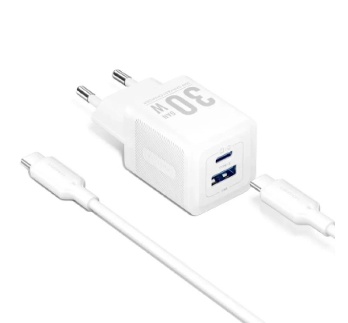 Vention Зарядний пристрій VENTION 2-Port USB (C + A) GaN Charger (30W/30W) with USB-C to USB-C Cable (1M) EU-Plug White (TZ-FEQW0-EU-01)