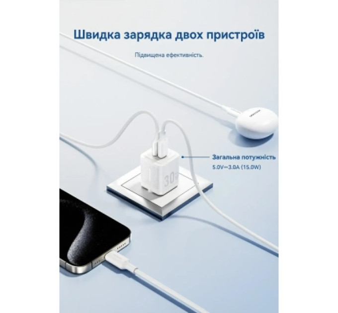 Vention Зарядний пристрій VENTION 2-Port USB (C + A) GaN Charger (30W/30W) with USB-C to USB-C Cable (1M) EU-Plug White (TZ-FEQW0-EU-01)
