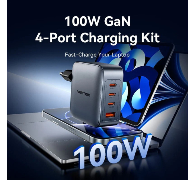 Vention Зарядний пристрій VENTION 4-Port USB (C + C + C + A) GaN Charger (100W/100W/30W/30W) Gray with USB-C to USB-C Cable (1M) B (TZ-FETH0-EU)