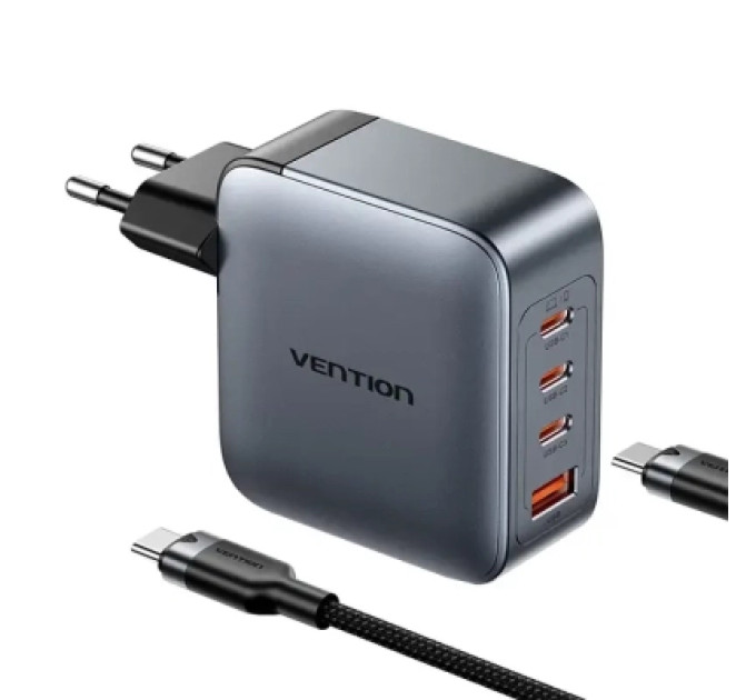 Vention Зарядний пристрій VENTION 4-Port USB (C + C + C + A) GaN Charger (100W/100W/30W/30W) Gray with USB-C to USB-C Cable (1M) B (TZ-FETH0-EU)