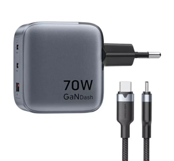 Vention Зарядний пристрій VENTION 3-Port USB (C+C+A) GaN Charger (70W/70W/22.5W) Gray with USB-C to USB-C Cable (1M) Black EU-Plug (TZ-FEXH0-EU)