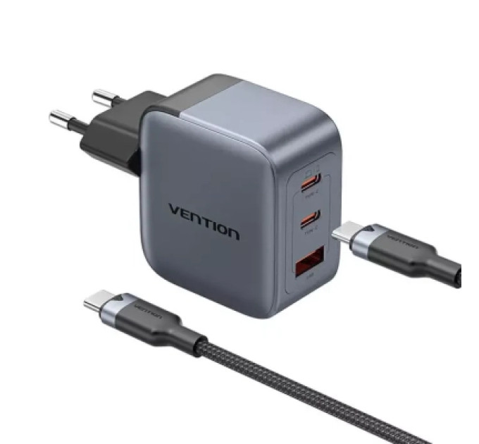 Vention Зарядний пристрій VENTION 3-Port USB (C+C+A) GaN Charger (70W/70W/22.5W) Gray with USB-C to USB-C Cable (1M) Black EU-Plug (TZ-FEXH0-EU)