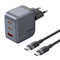 Зарядний пристрій VENTION 3-Port USB (C+C+A) GaN Charger (70W/70W/22.5W) Gray with USB-C to USB-C Cable (1M) Black EU-Plug (TZ-FEXH0-EU)