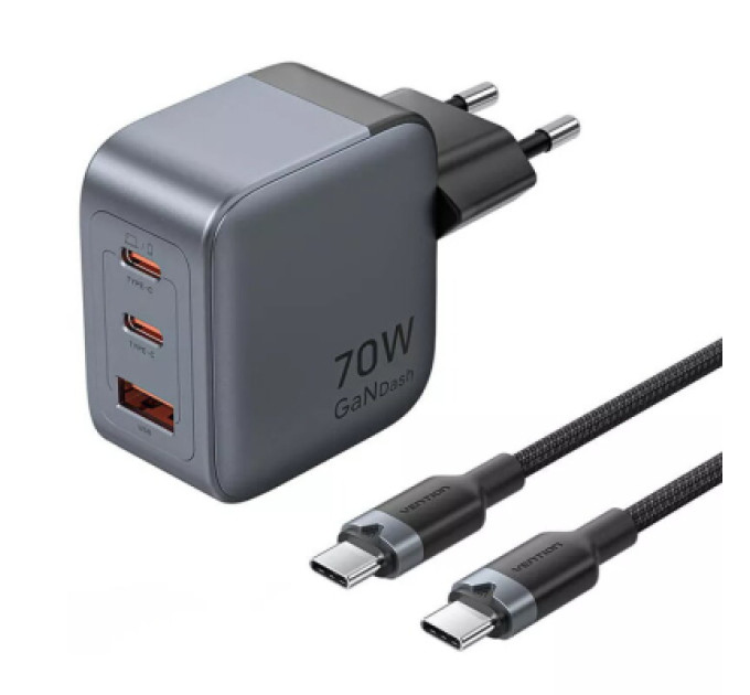 Vention Зарядний пристрій VENTION 3-Port USB (C+C+A) GaN Charger (70W/70W/22.5W) Gray with USB-C to USB-C Cable (1M) Black EU-Plug (TZ-FEXH0-EU)