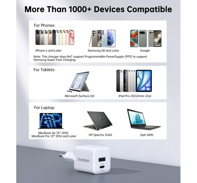 Choetech Мережевий зарядний пристрій Choetech (USB-C+USB-A) White (PD5012-EU-WH)