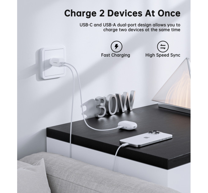 Choetech Мережевий зарядний пристрій Choetech (USB-C+USB-A) White (PD5012-EU-WH)