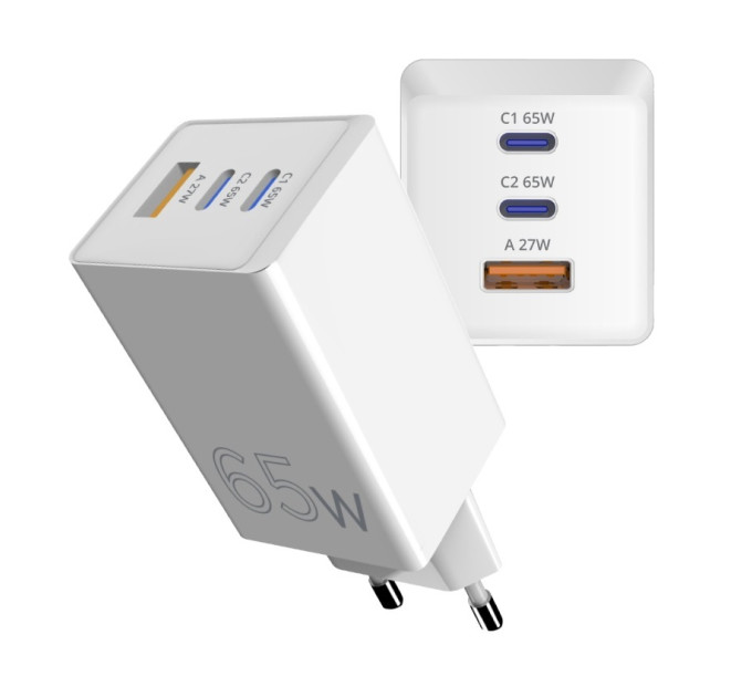Sigma mobile Мережевий зарядний пристрій Sigma mobile X-power 65W GaN, PD, QC (2xUSB-C + 1xUSB-A) White (PS65-01)