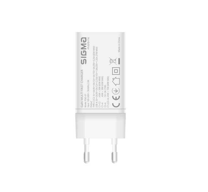 Sigma mobile Мережевий зарядний пристрій Sigma mobile X-power 65W GaN, PD, QC (2xUSB-C + 1xUSB-A) White (PS65-01)