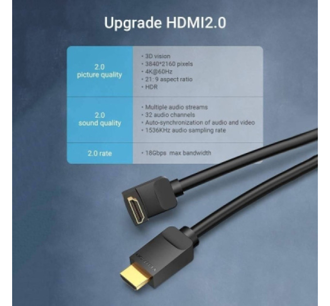 Vention Кабель мультимедійний HDMI M to HDMI M 1.5m V2.0 4K60Hz 90° corner PVC black Vention (AARBG)