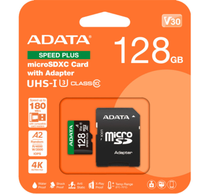 ADATA Карта пам'яті ADATA 128GB microSD class 10 UHS-I U3 V30 A2 Speed Plus (UD128GUI3V30A2SP-RA1)
