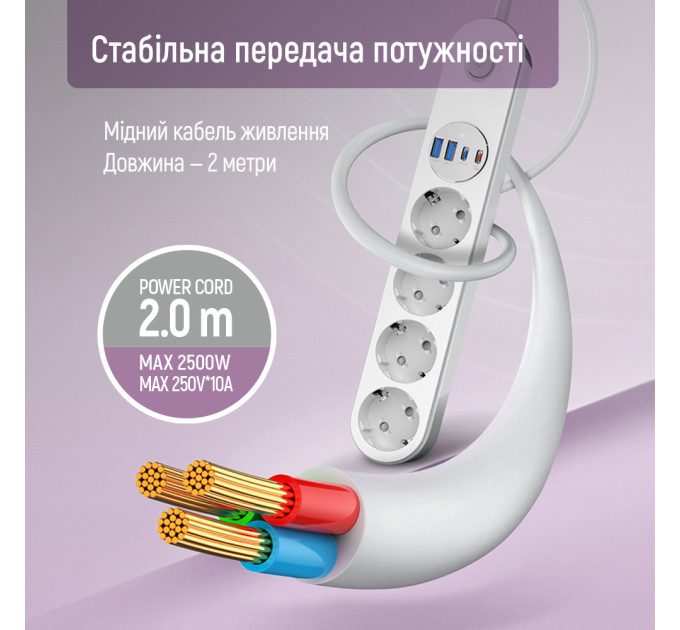 ColorWay Фільтр живлення ColorWay CW-CHE44PDW 4 розетки, 4USB (Type-C PD20W + 3USB QC3.0) (45W), 2 м, White