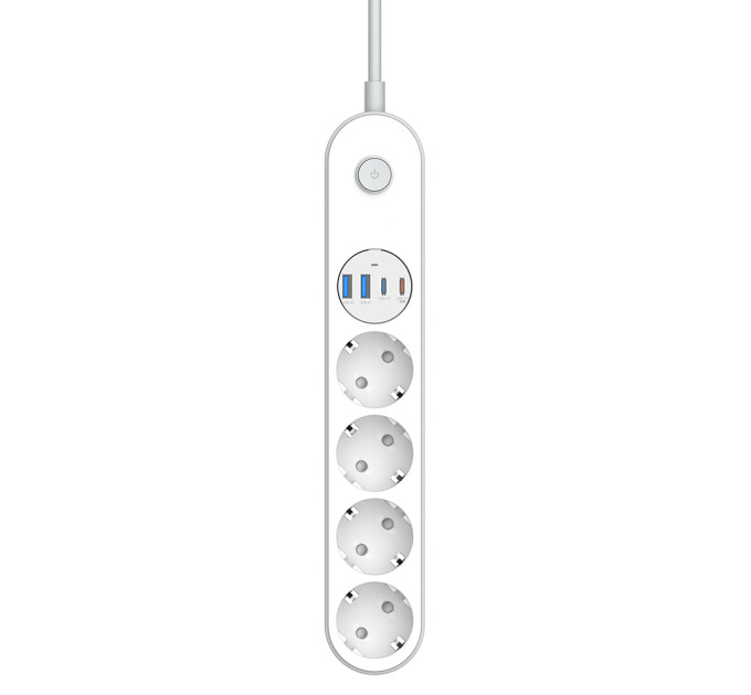 ColorWay Фільтр живлення ColorWay CW-CHE44PDW 4 розетки, 4USB (Type-C PD20W + 3USB QC3.0) (45W), 2 м, White