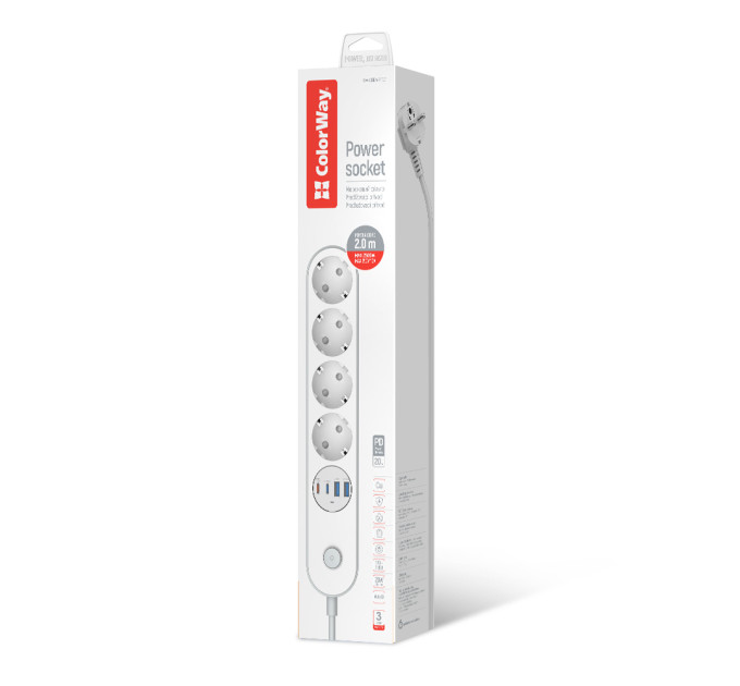 ColorWay Фільтр живлення ColorWay CW-CHE44PDW 4 розетки, 4USB (Type-C PD20W + 3USB QC3.0) (45W), 2 м, White