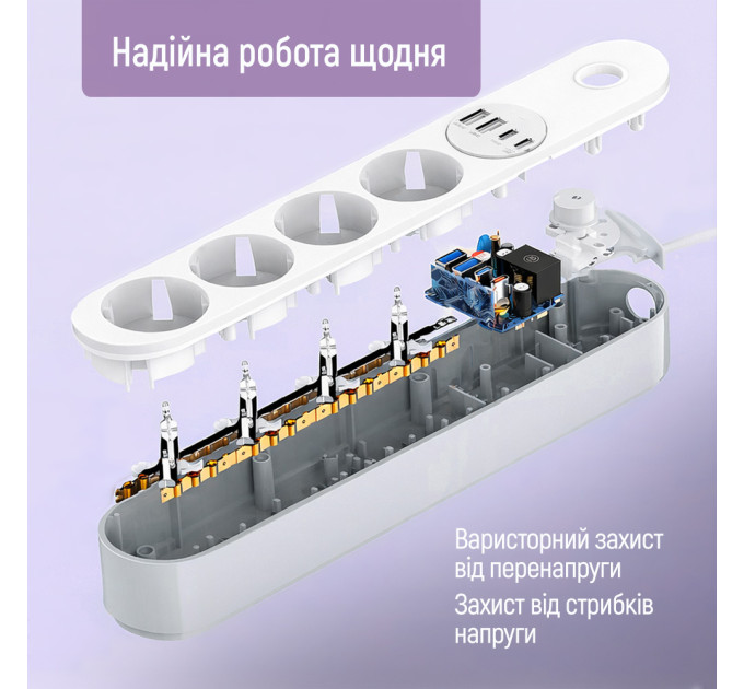 ColorWay Фільтр живлення ColorWay CW-CHE44PDW 4 розетки, 4USB (Type-C PD20W + 3USB QC3.0) (45W), 2 м, White