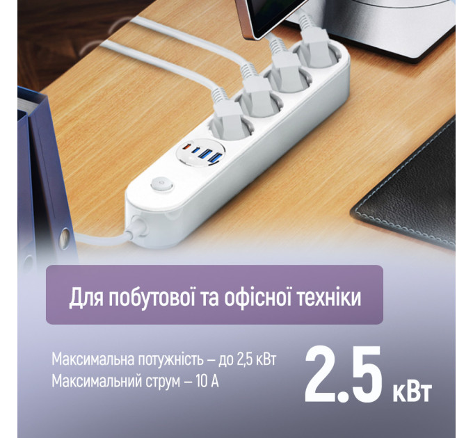 ColorWay Фільтр живлення ColorWay CW-CHE44PDW 4 розетки, 4USB (Type-C PD20W + 3USB QC3.0) (45W), 2 м, White