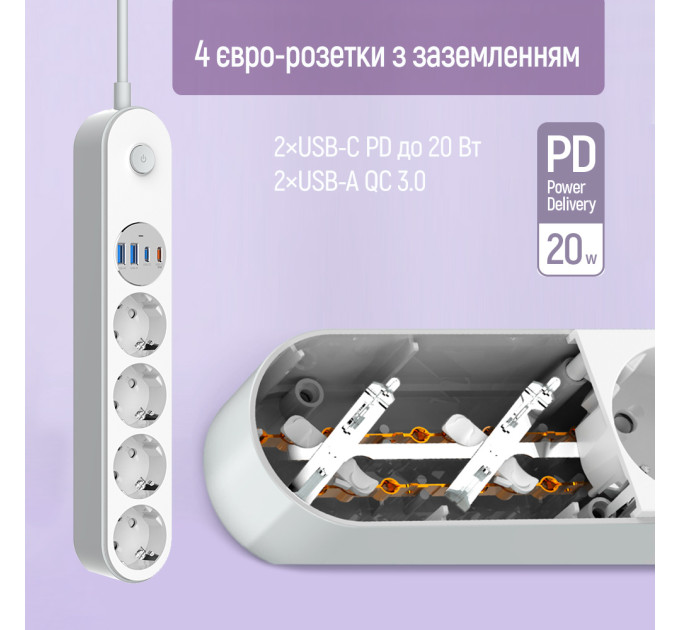 ColorWay Фільтр живлення ColorWay CW-CHE44PDW 4 розетки, 4USB (Type-C PD20W + 3USB QC3.0) (45W), 2 м, White