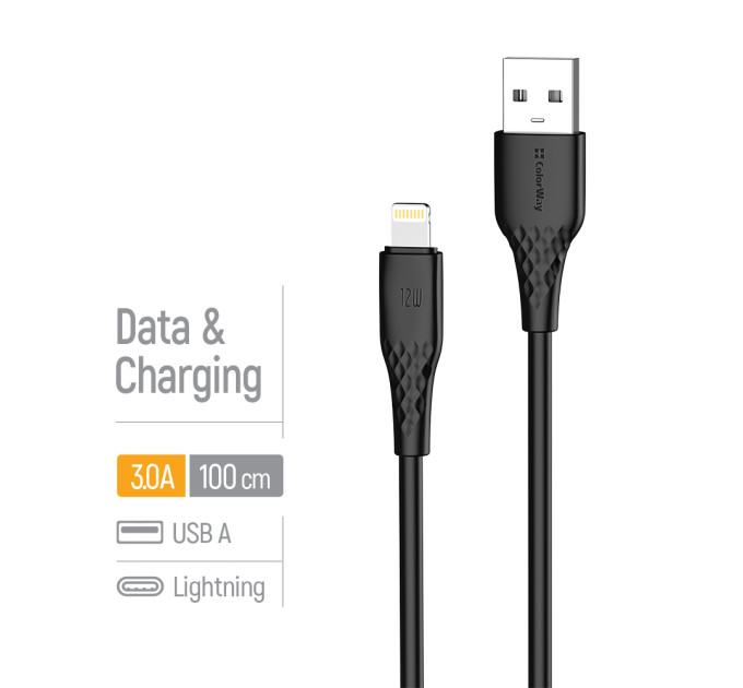 ColorWay Кабель ColorWay USB - Lightning (M/M), textured PVC, 3А, 1 м, Black (CW-CBUL094-BK)