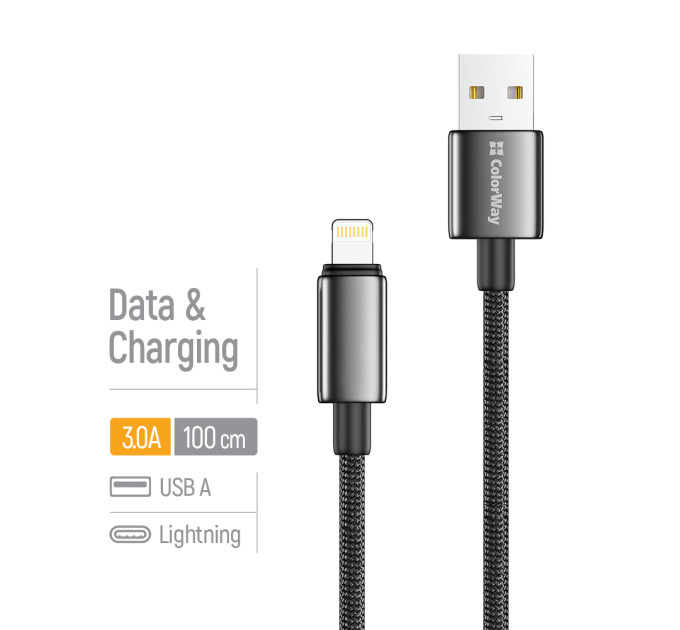 ColorWay Кабель ColorWay USB - Lightning (M/M), zinc alloy braided, 3А, 1 м, Black (CW-CBUL098-BK)