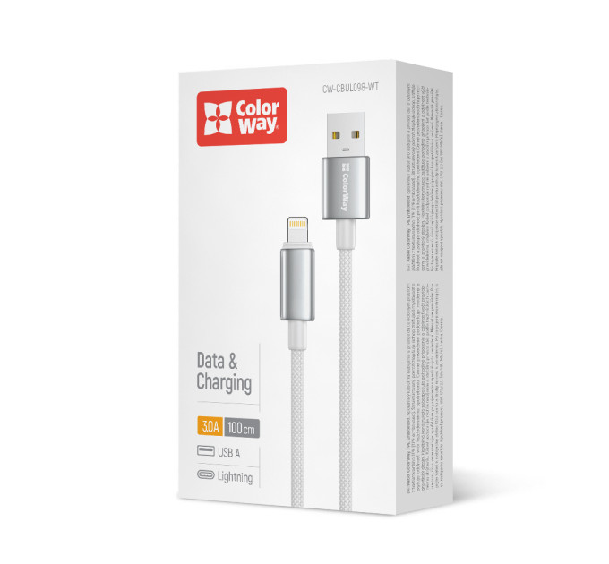 ColorWay Кабель ColorWay USB - Lightning (M/M), zinc alloy braided, 3А, 1 м, White (CW-CBUL098-WT)