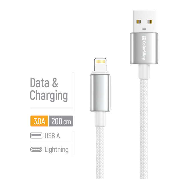ColorWay Кабель ColorWay USB - Lightning (M/M), zinc alloy braided, 3А, 2 м, White (CW-CBUL099-WT)