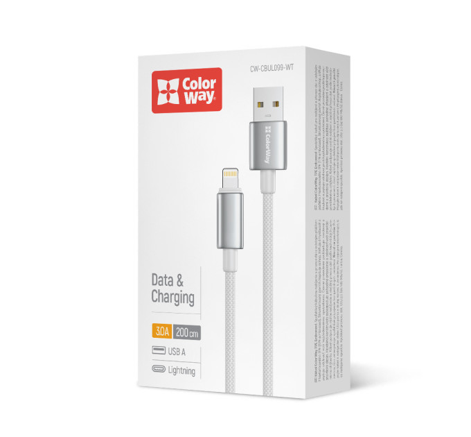 ColorWay Кабель ColorWay USB - Lightning (M/M), zinc alloy braided, 3А, 2 м, White (CW-CBUL099-WT)