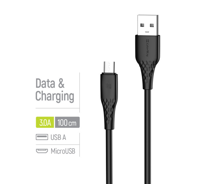 ColorWay Кабель ColorWay USB - micro USB (M/M), textured PVC, 3А, 1 м, Black (CW-CBUM094-BK)