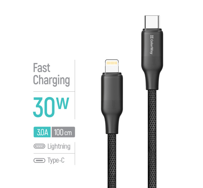 ColorWay Кабель ColorWay USB Type-C - Lightning (M/M), TPE embossed, 3А, 1 м, Black (CW-CBPDCL101-BK)