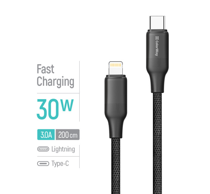 ColorWay Кабель ColorWay USB Type-C - Lightning (M/M), TPE embossed, 3А, 2 м, Black (CW-CBPDCL102-BK)