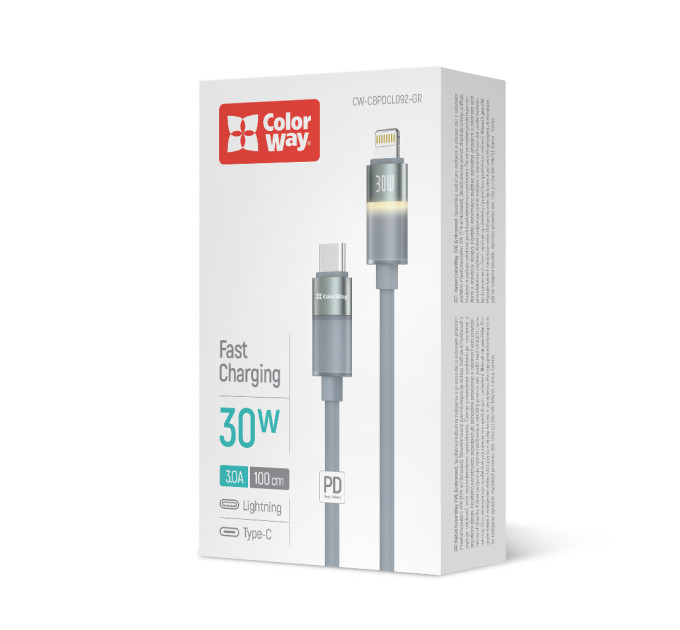 ColorWay Кабель ColorWay USB Type-C - Lightning (M/M), warm light, 3А, 1 м, Grey (CW-CBPDCL092-GR)