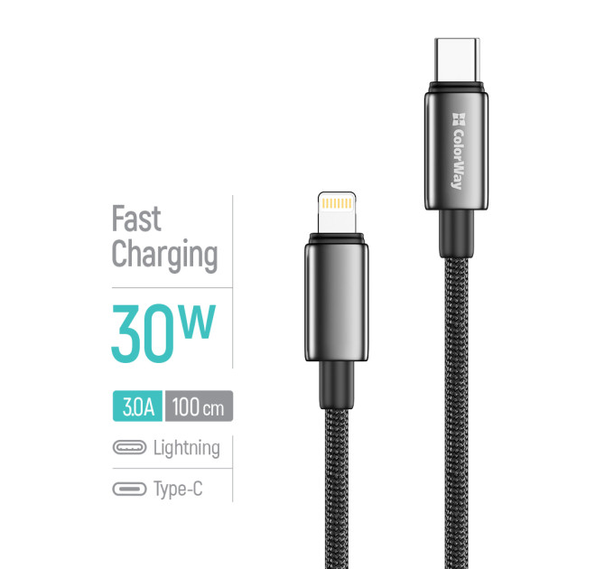 ColorWay Кабель ColorWay USB Type-C - Lightning (M/M), zinc alloy braided, 3А, 1 м, Black (CW-CBPDCL098-BK)