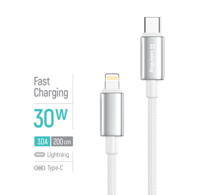 ColorWay Кабель ColorWay USB Type-C - Lightning (M/M), zinc alloy braided, 3А, 2 м, White (CW-CBPDCL099-WT)