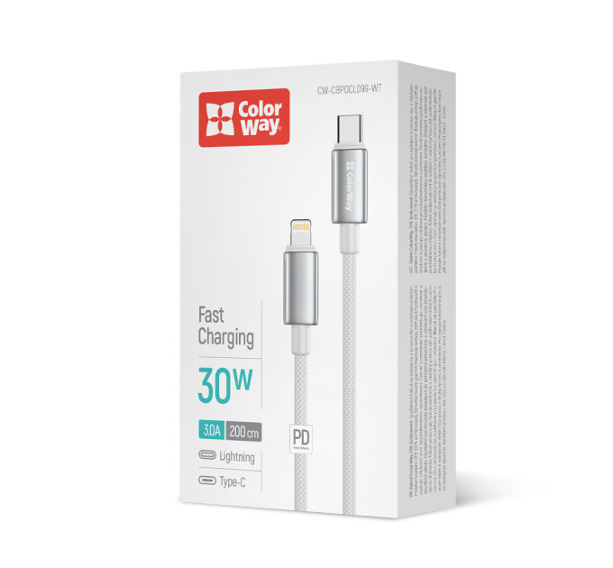 ColorWay Кабель ColorWay USB Type-C - Lightning (M/M), zinc alloy braided, 3А, 2 м, White (CW-CBPDCL099-WT)