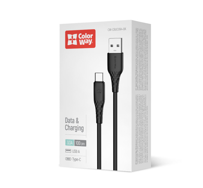 ColorWay Кабель ColorWay USB - USB Type-C (M/M), textured PVC, 3А, 1 м, Black (CW-CBUC094-BK)