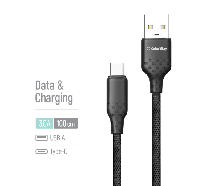 ColorWay Кабель ColorWay USB - USB Type-C (M/M), TPE embossed, 3А, 1 м, Black (CW-CBUC101-BK)