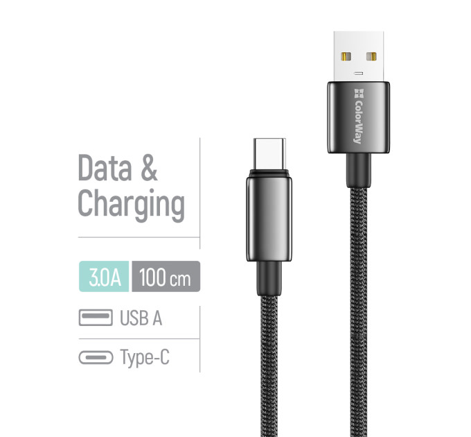 ColorWay Кабель ColorWay USB - USB Type-C (M/M), zinc alloy braided, 3А, 1 м, Black (CW-CBUC098-BK)