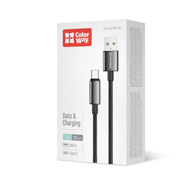 ColorWay Кабель ColorWay USB - USB Type-C (M/M), zinc alloy braided, 3А, 1 м, Black (CW-CBUC098-BK)