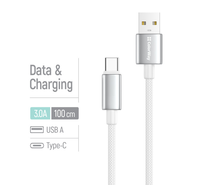 ColorWay Кабель ColorWay USB - USB Type-C (M/M), zinc alloy braided, 3А, 1 м, White (CW-CBUC098-WT)